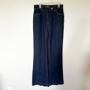 King Louie vintage inspired dark‎ wash super high rise wide leg bootcut jeans